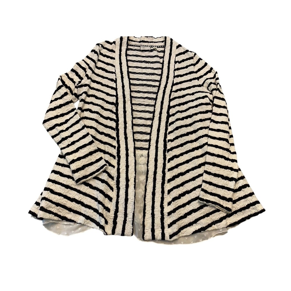Anthropologie Cardigan Sweater Womens Medium Stripe Textured Lace Hem Open Front